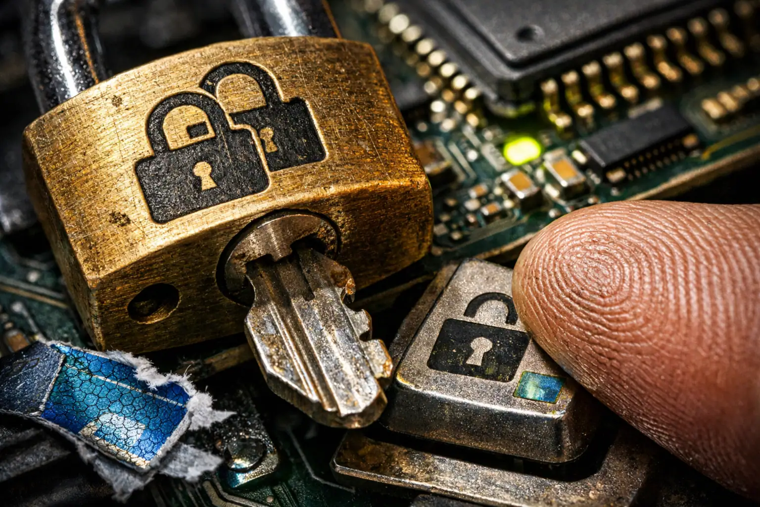 Goldener Schloss mit Schlüssel auf einem Computerchip, Finger berührt ein Schloss.