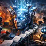 Futuristic scene with a robotic head and shadowy figures interacting with technology.