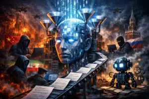 Futuristic scene with a robotic head and shadowy figures interacting with technology.