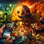 ** Escena de ciberseguridad con un disfraz de malware y advertencias de virus.