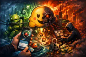 ** Android figure in chains with a hacker using a phone and laptop in a cyberpunk landscape.