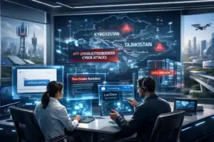 Cybersecurity team analyzing data breach threats on dual screens.