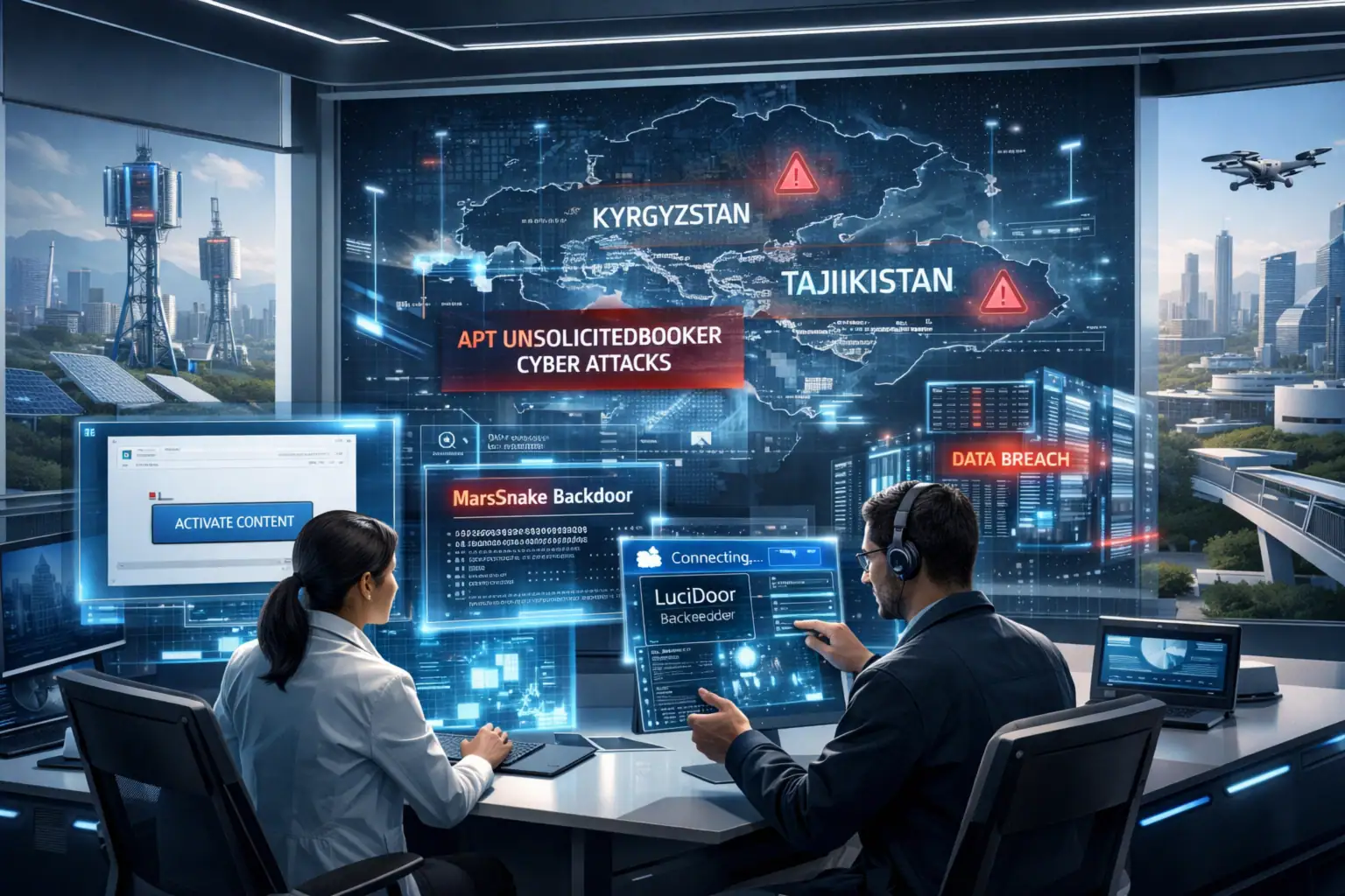 Zwei Personen analysieren Cyberangriffe an modernen Computern in einem Kontrollraum.