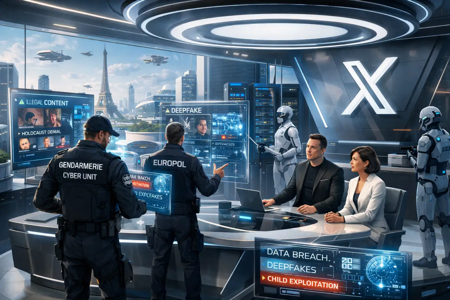 Besprechung in futuristischem Raum über Cyberkriminalität und Deepfakes.