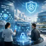 ** Professionals engaging with digital security interfaces in a futuristic city.