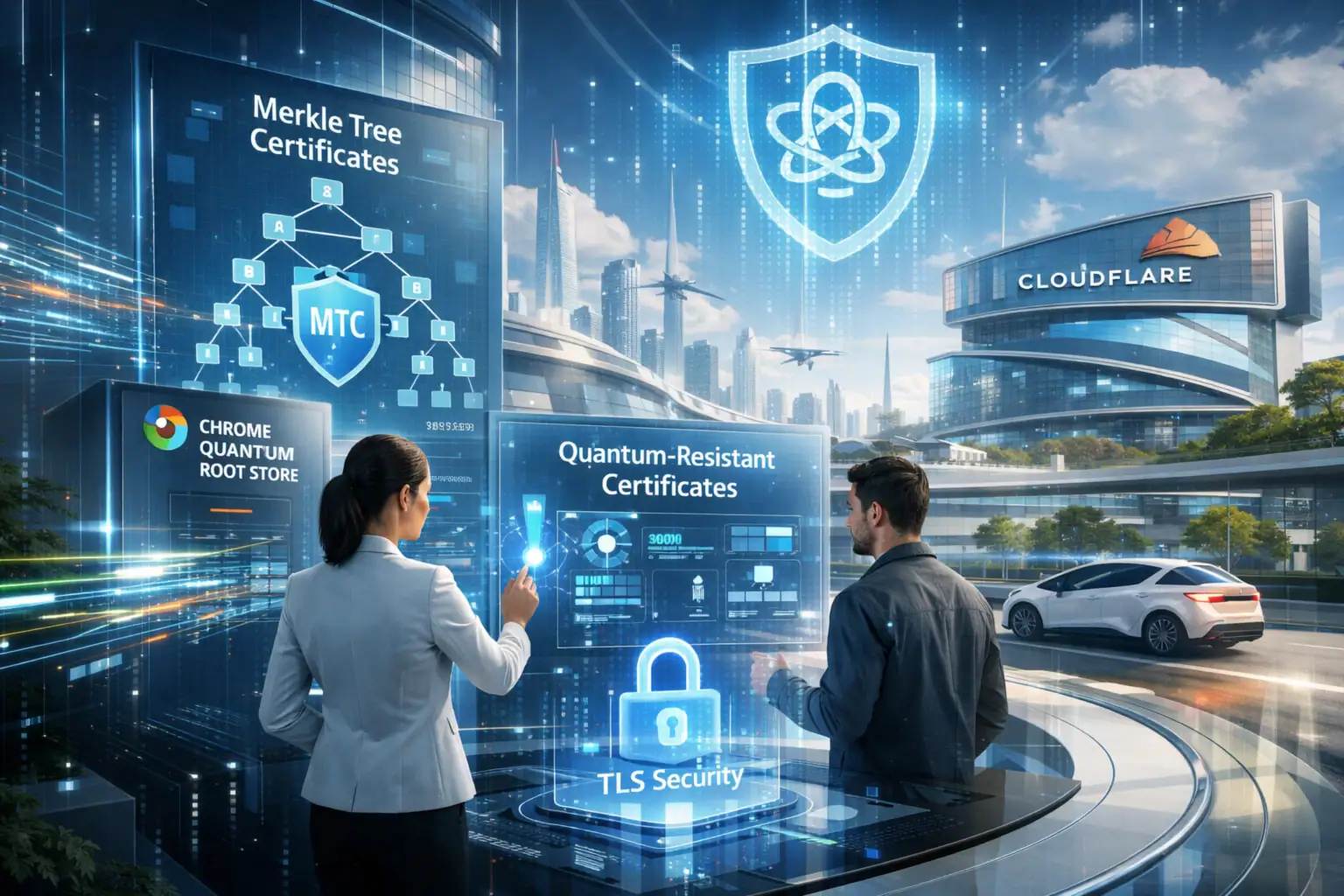 Personas interactuando con tecnología digital en un entorno futurista.