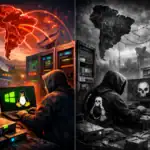 Хитромудрий хакер працює за комп'ютером в темному віртуальному світі.