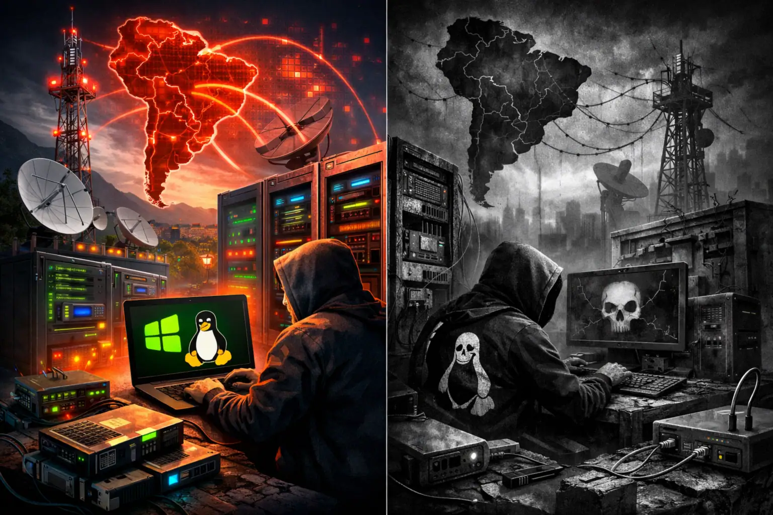 Vista dual de un hacker frente a pantallas, equidad entre tecnología y oscuridad.