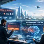 Profesionales analizan vulnerabilidades de seguridad en un entorno futurista.