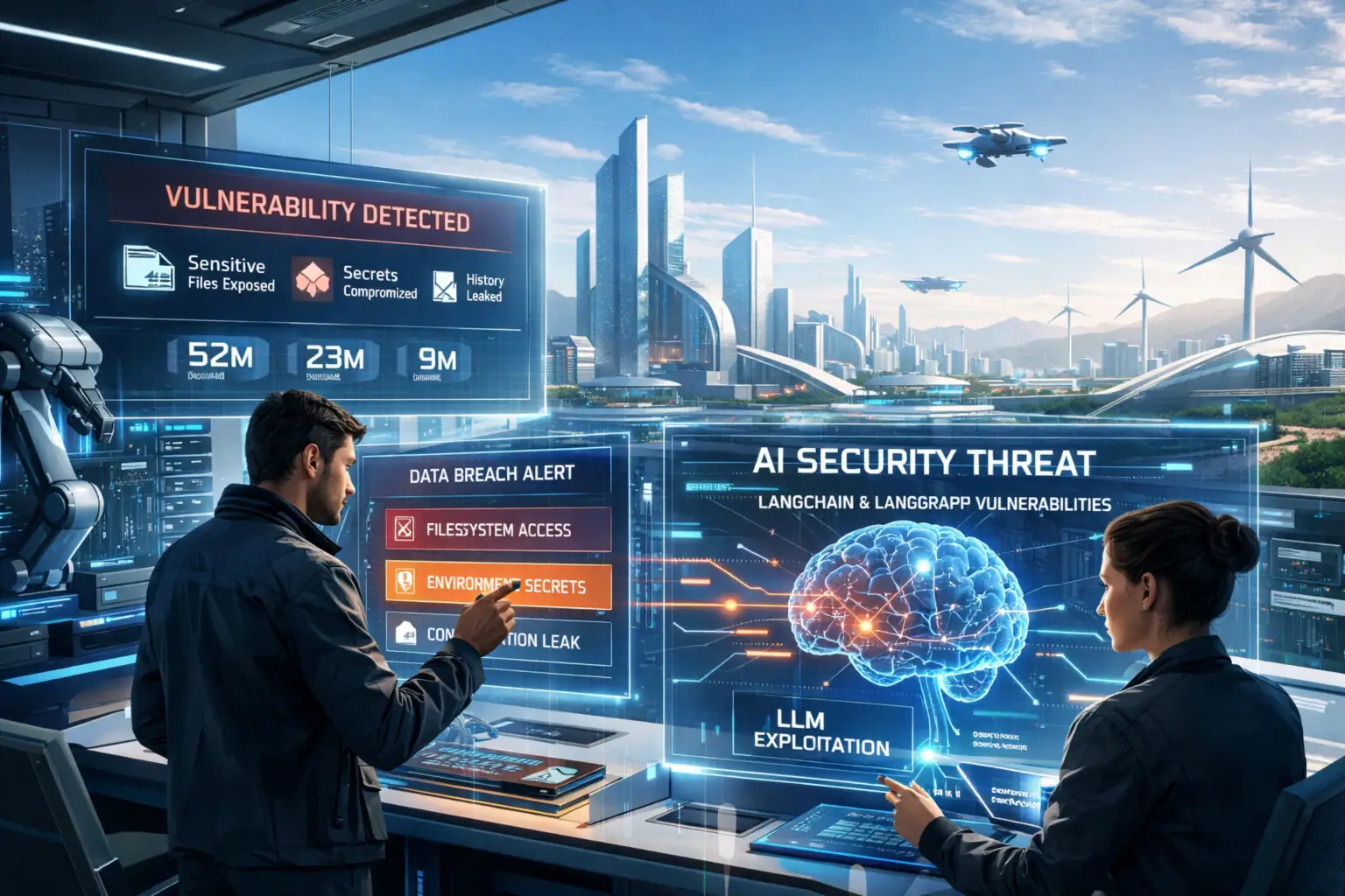 Zwei Personen analysieren Sicherheitsbedrohungen in futuristischer Umgebung.