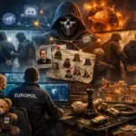 Europol agents monitor a dark scene depicting cybercrime and criminal connections.