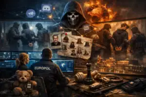 Europol agents monitor a dark scene depicting cybercrime and criminal connections.