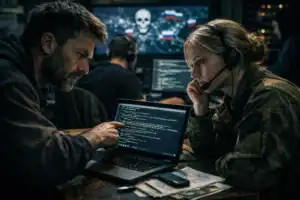Two individuals collaborating on coding in a dimly lit cyber operations room.