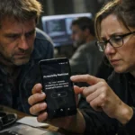 Two individuals examining a phone displaying an "Accessibility Restricted" message.