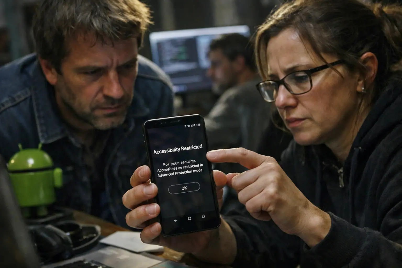 ** Dos personas observan un teléfono con mensaje de restricción de acceso.