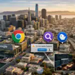 Aerial view of San Francisco with browser icons and coding scene overlay.