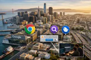 Aerial view of San Francisco with browser icons and coding scene overlay.