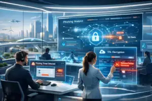 Cybersecurity team analyzing phishing threats in a high-tech control room.