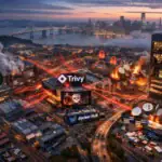 Vista aérea de una ciudad en llamas con edificios y humo visible.