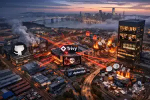 Aerial view of a burning cityscape with tech logos and chaotic elements.