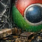 Пошкоджений комп'ютерний чіп з пилом і плямами води на задньому фоні.