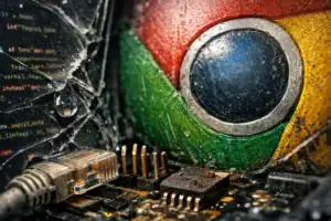 Close-up of a cracked screen featuring a colorful Chrome logo and circuit components.