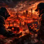 Two hackers working on laptops against a dark, futuristic cityscape filled with red hues.