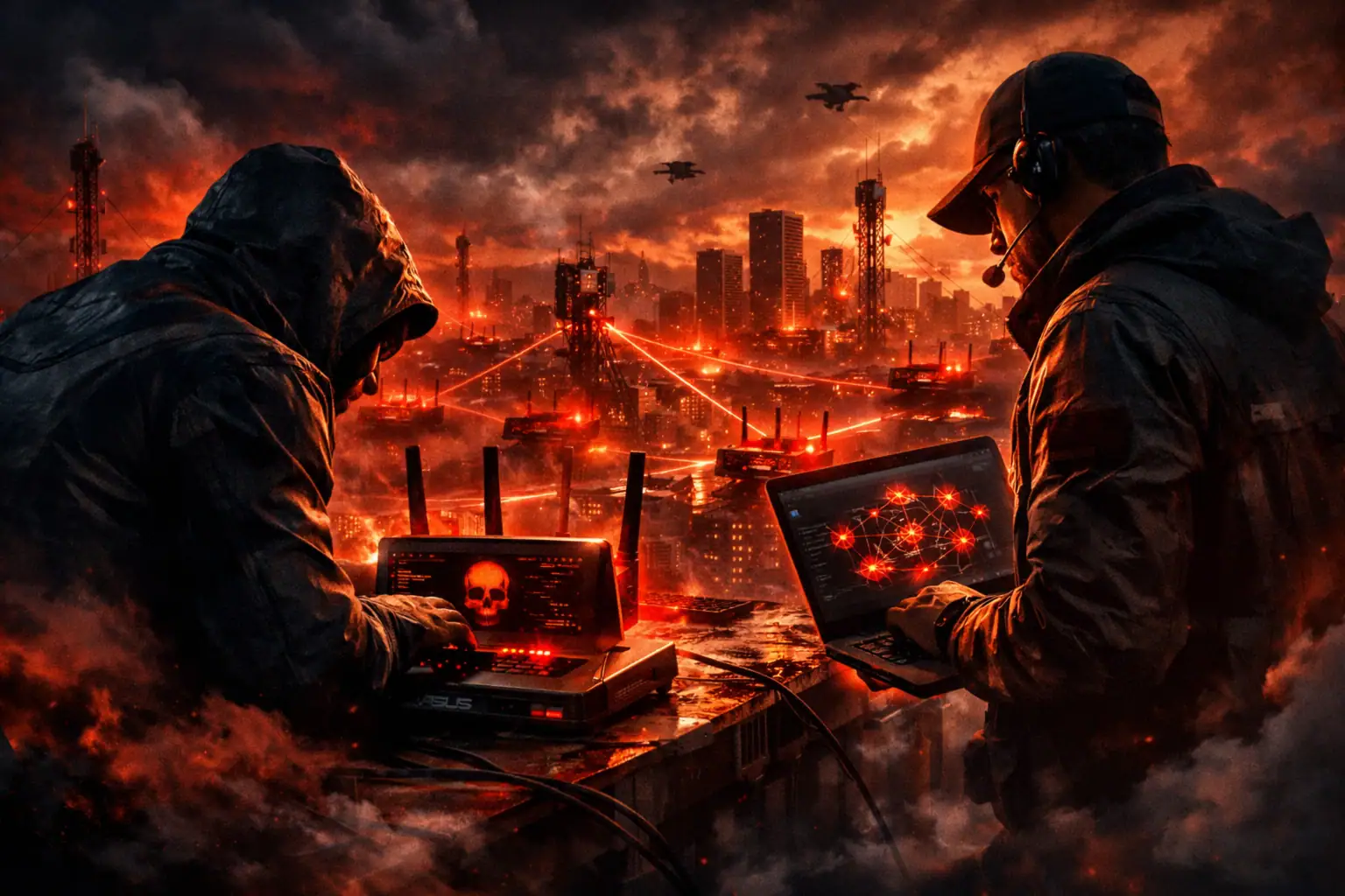 ** Dos hackers trabajan en computadoras en un entorno urbano oscuro y futurista.