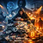 Hombre sentado sobre una pila de identidades y monedas de Bitcoin, luces de policía brillando.