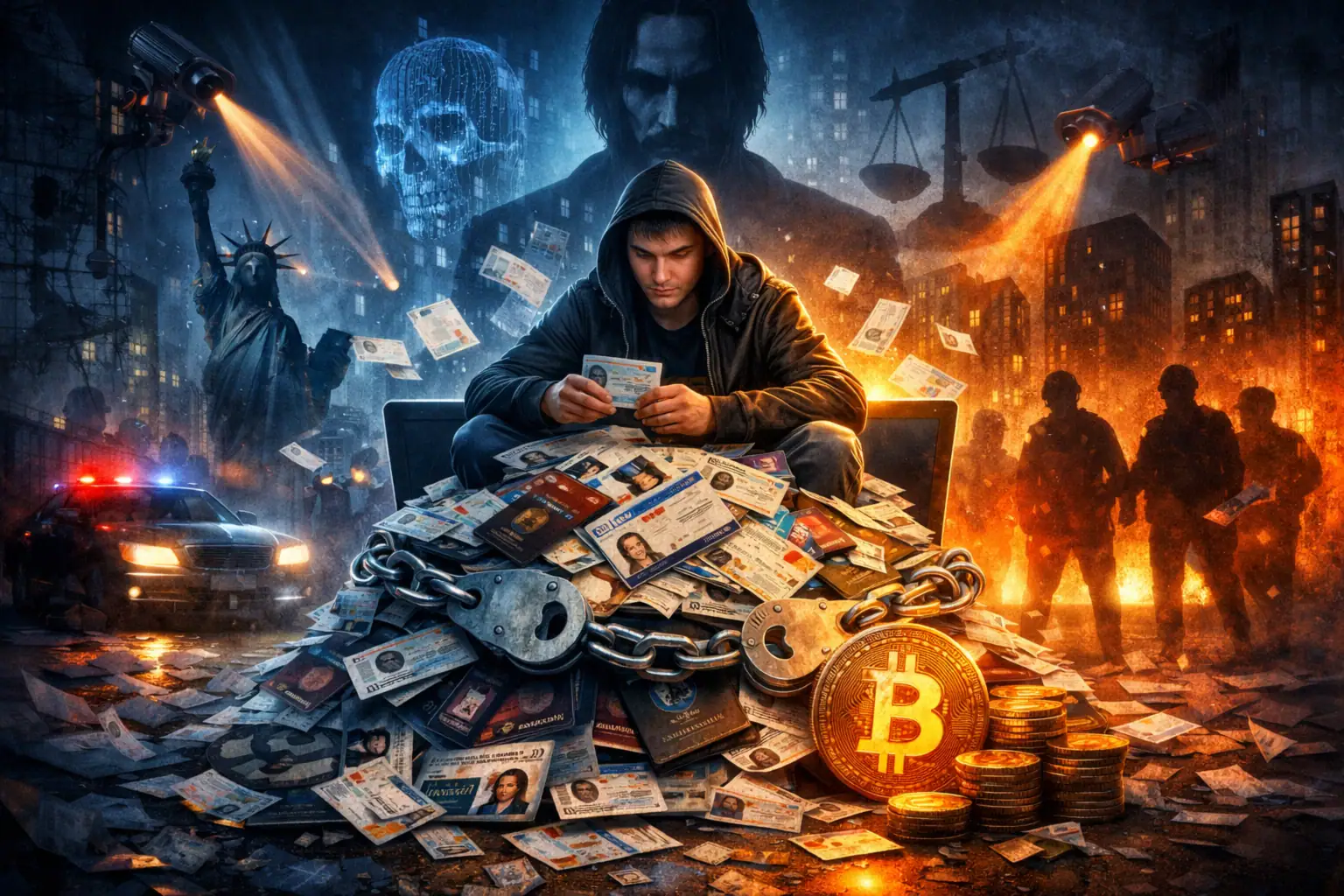 Hombre sentado sobre una pila de identidades y monedas de Bitcoin, luces de policía brillando.