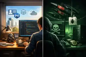 Split scene depicting ethical coding versus cybercrime environment.