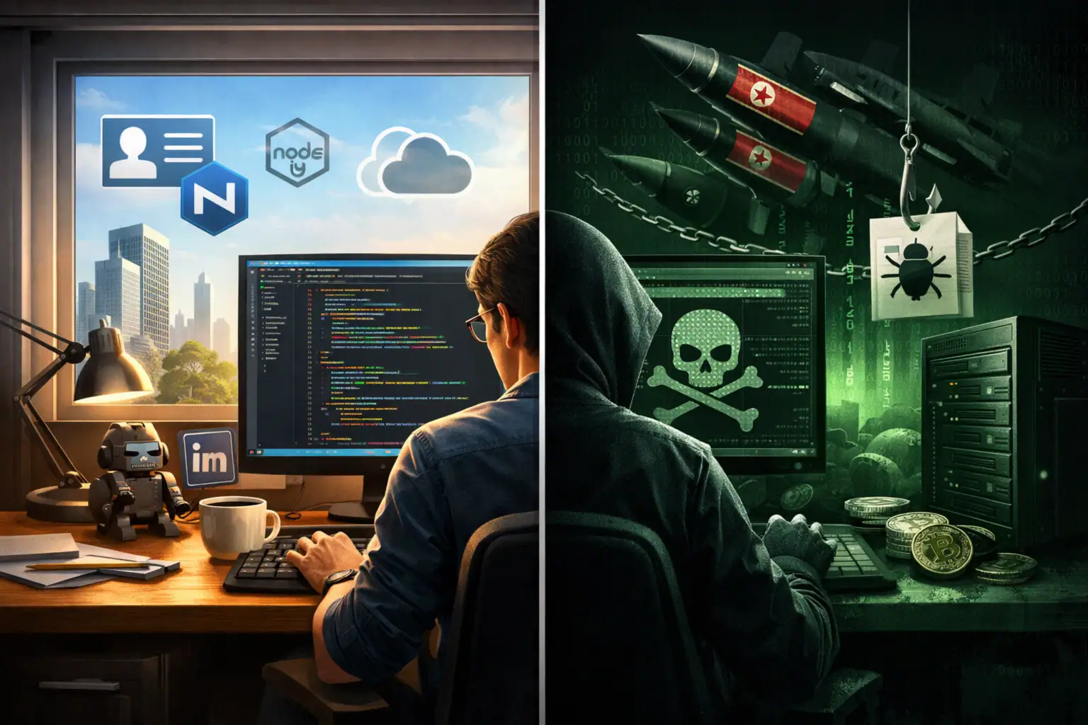 Split scene depicting ethical coding versus cybercrime environment.