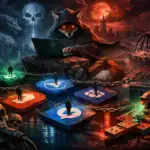 Mysteriöse Gestalt mit Fuchsmaske arbeitet am Laptop in dunkler, cybernetic Szene.