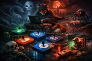 Mysteriöse Gestalt mit Fuchsmaske arbeitet am Laptop in dunkler, cybernetic Szene.