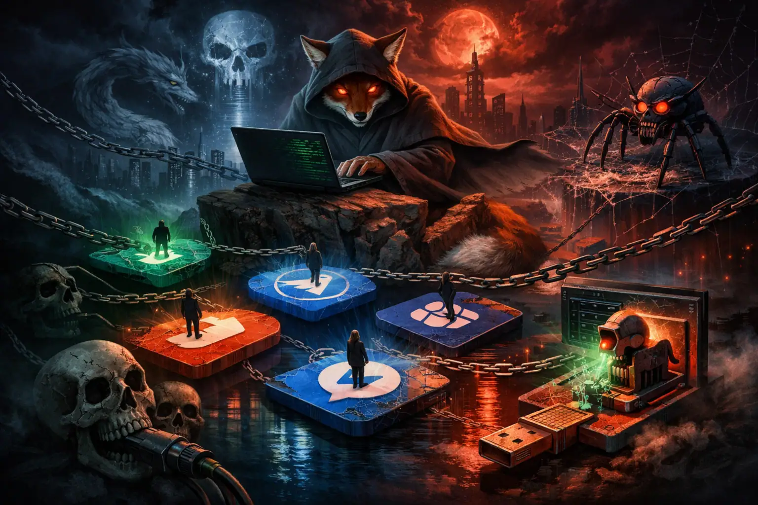 Mysterious figure with fox head uses a laptop amid dark, eerie surroundings.