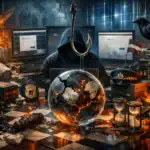 Людина в капюшоні за комп'ютером з глобусом на шаховій дошці.