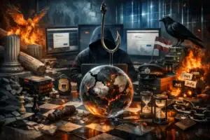 Hooded figure at a computer with a fiery globe and dark atmosphere.