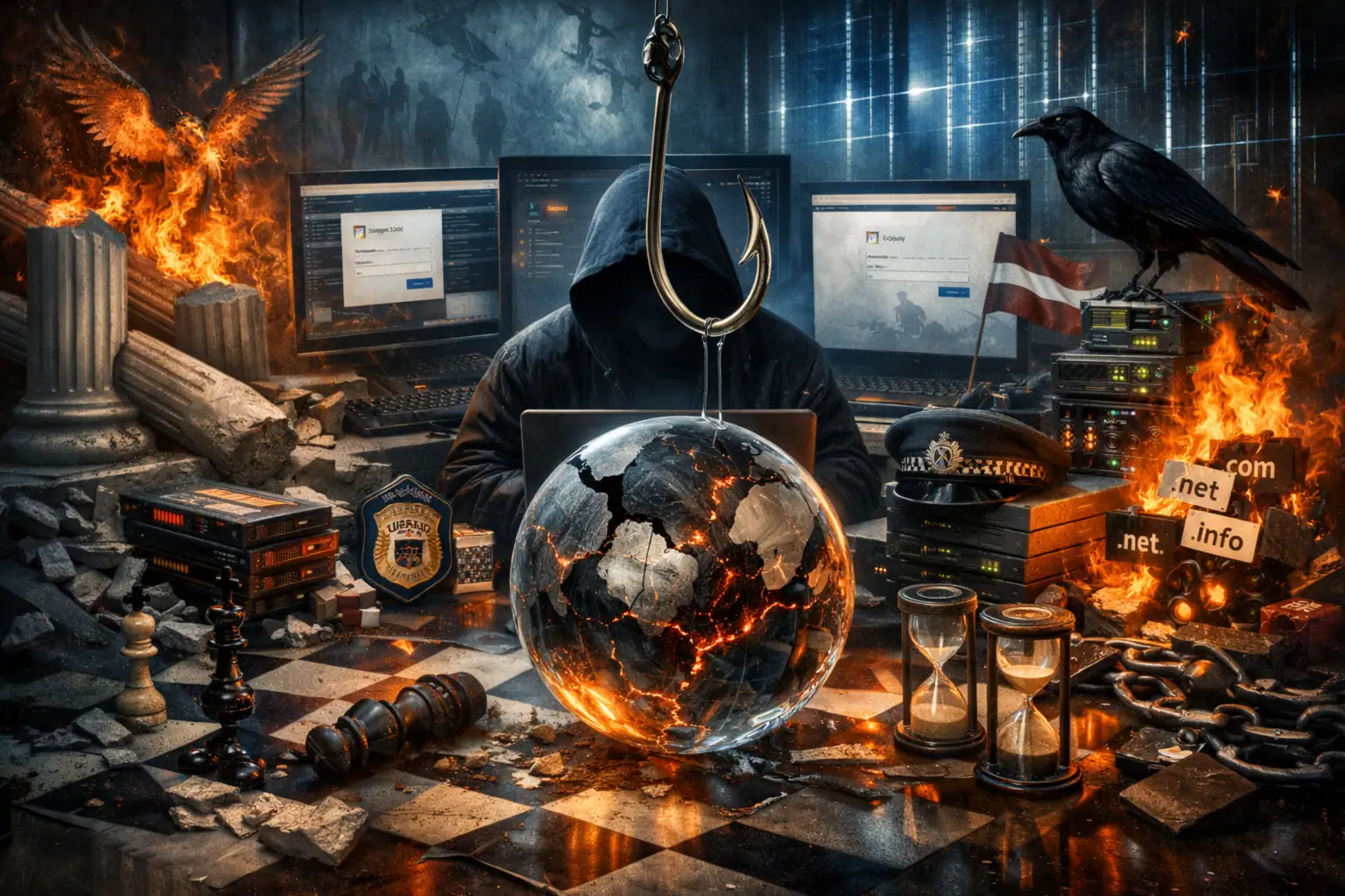 Людина в капюшоні за комп'ютером з глобусом на шаховій дошці.