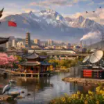 Serene landscape with traditional architecture, mountains, and a river under soft lighting.