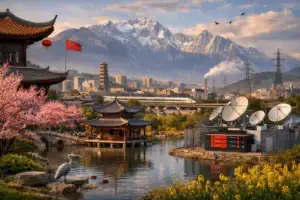 Serene landscape with traditional architecture, mountains, and a river under soft lighting.