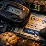 Worn keyboard with Google sign-in page, a key fob, and cookie crumbs.