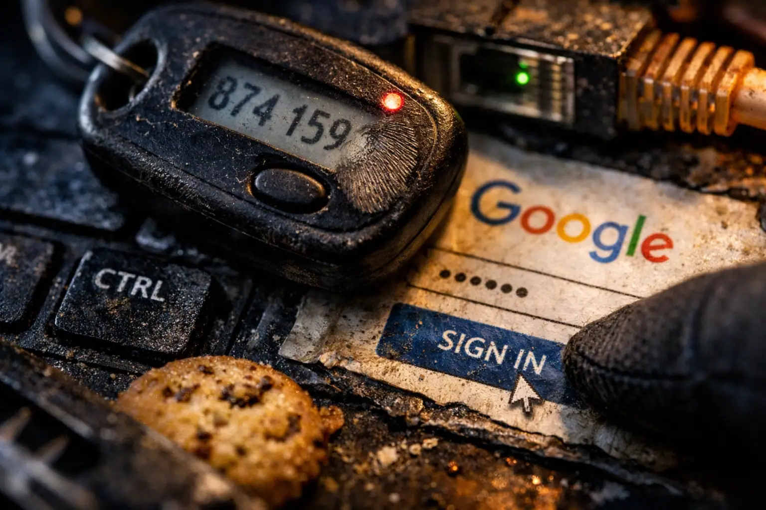 Teclado sucio con un botón de "Iniciar sesión" de Google y una galleta.