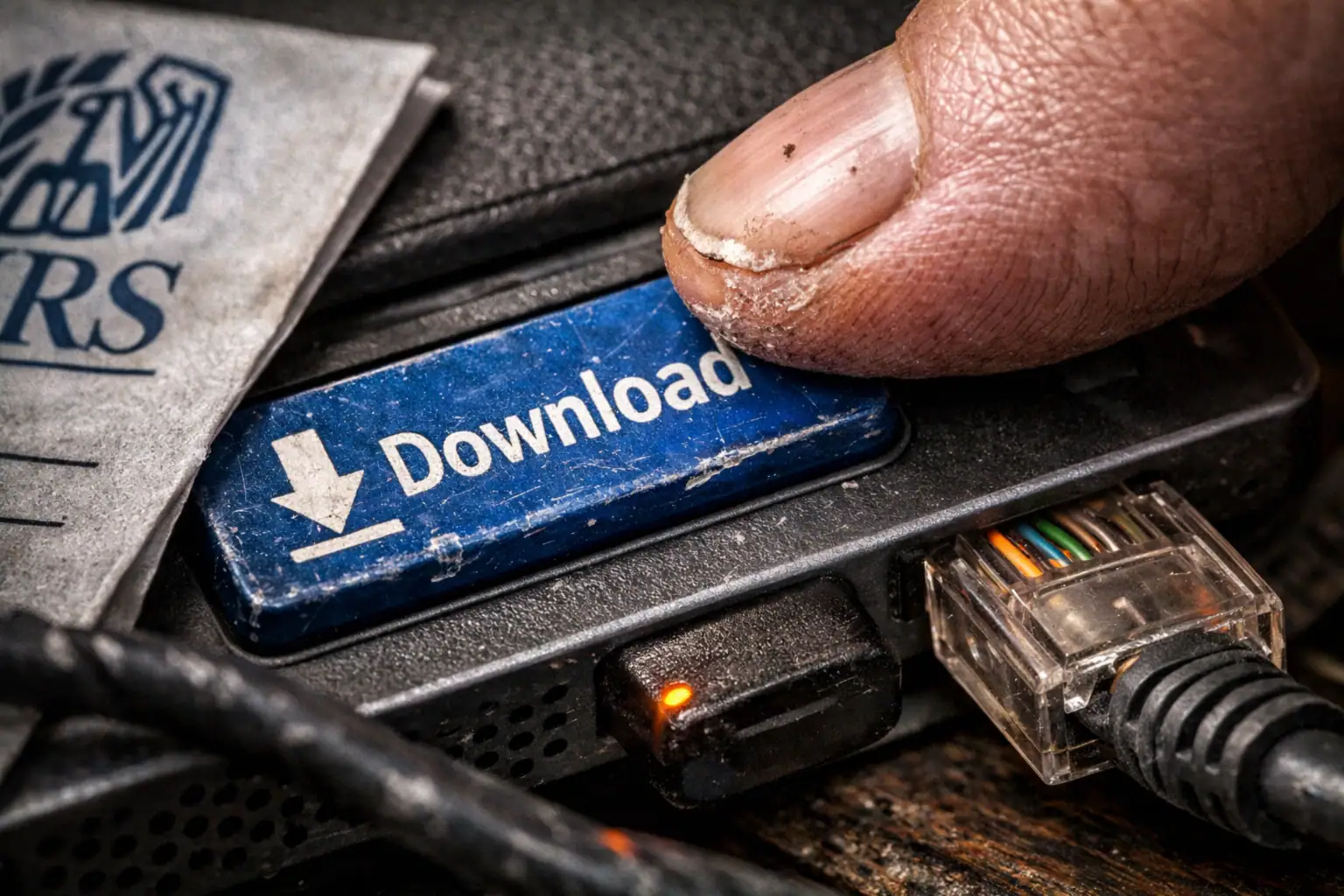 Finger pressing a blue "Download" button on a device with cables nearby.