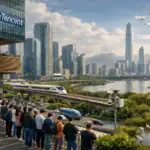 Group of people watching a train on a busy cityscape with a river and skyscrapers.