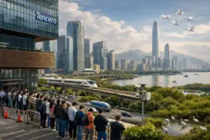 Group of people watching a train on a busy cityscape with a river and skyscrapers.