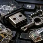 Различные предметы на клавиатуре, включая USB, ключ и кабель сети.