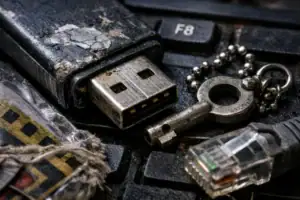 Различные предметы на клавиатуре, включая USB, ключ и кабель сети.