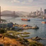 Scenic view of Golden Gate Bridge and San Francisco skyline at sunset.