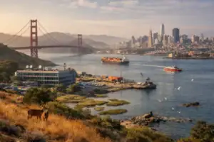 Scenic view of Golden Gate Bridge and San Francisco skyline at sunset.