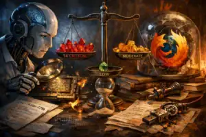 Robot analyzing crystals labeled 'Critical', 'Moderate', and 'Low' in a dim environment.